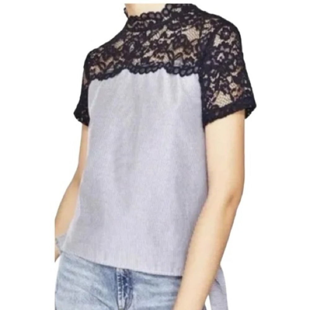 Boutique Lace Short Sleeve Blue Striped Blouse High Collar Summer Lightweight